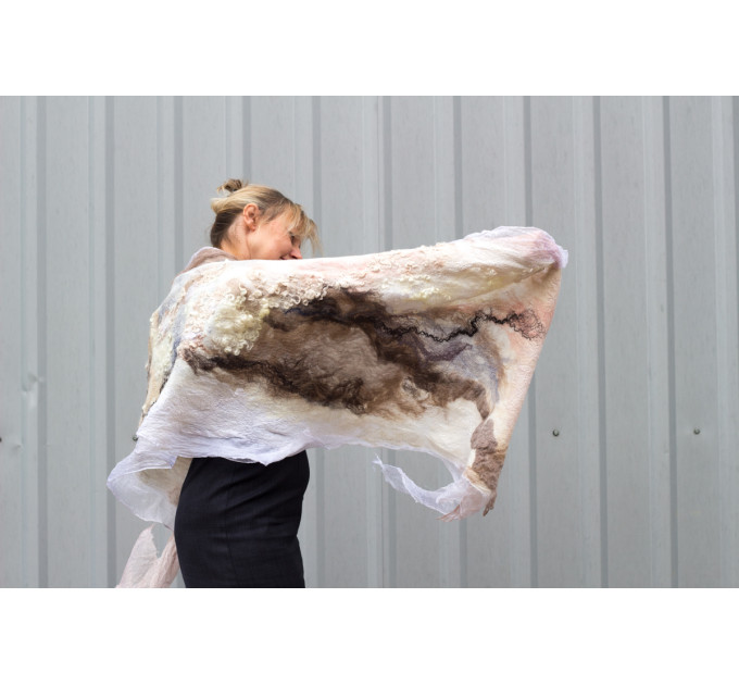 Elegant nuno felted shawl with silk – lightweight merino wool scarf in soft natural colors
