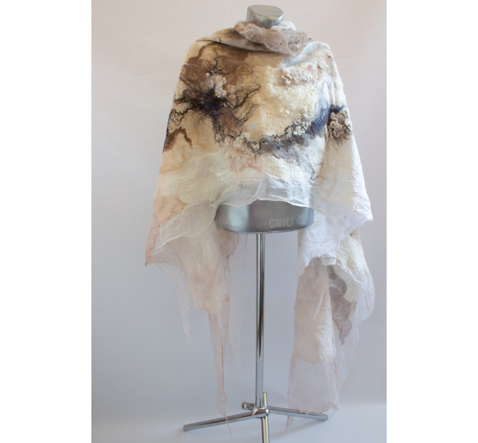 Elegant nuno felted shawl with silk – lightweight merino wool scarf in soft natural colors