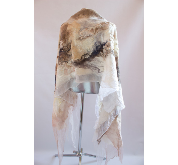 Elegant nuno felted shawl with silk – lightweight merino wool scarf in soft natural colors