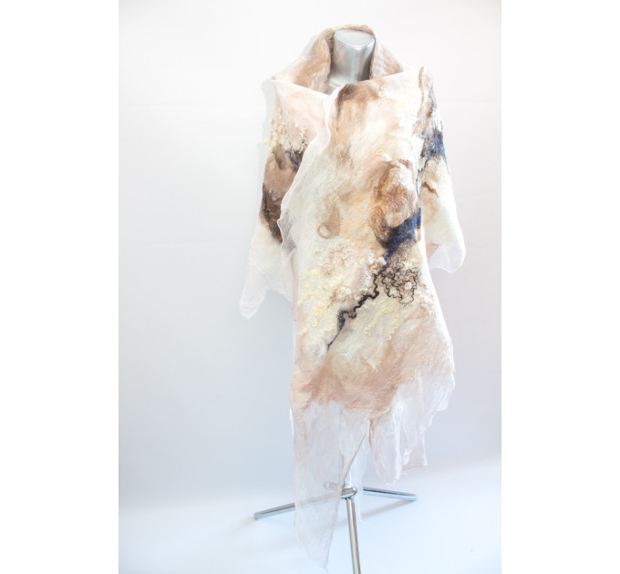 Elegant nuno felted shawl with silk – lightweight merino wool scarf in soft natural colors
