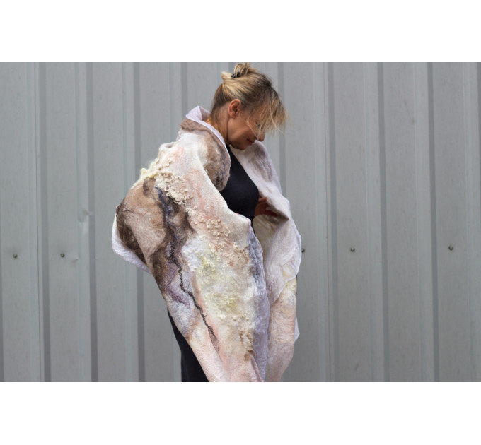 Elegant nuno felted shawl with silk – lightweight merino wool scarf in soft natural colors