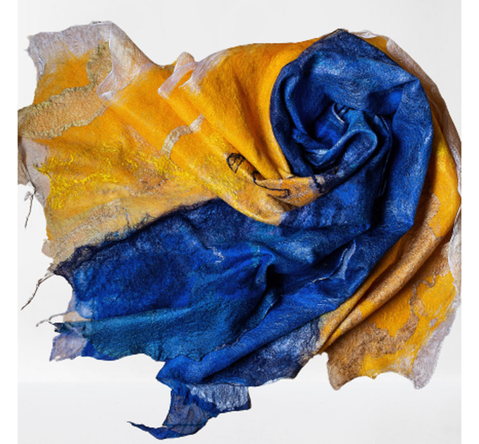 Blue and Gold Nuno Felted Shawl