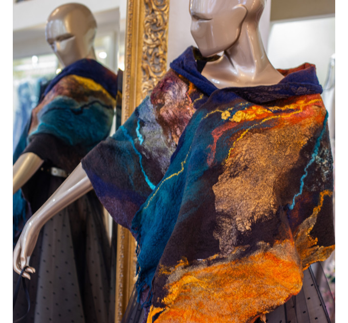 Deep Blue and Gold Nuno Felted Shawl