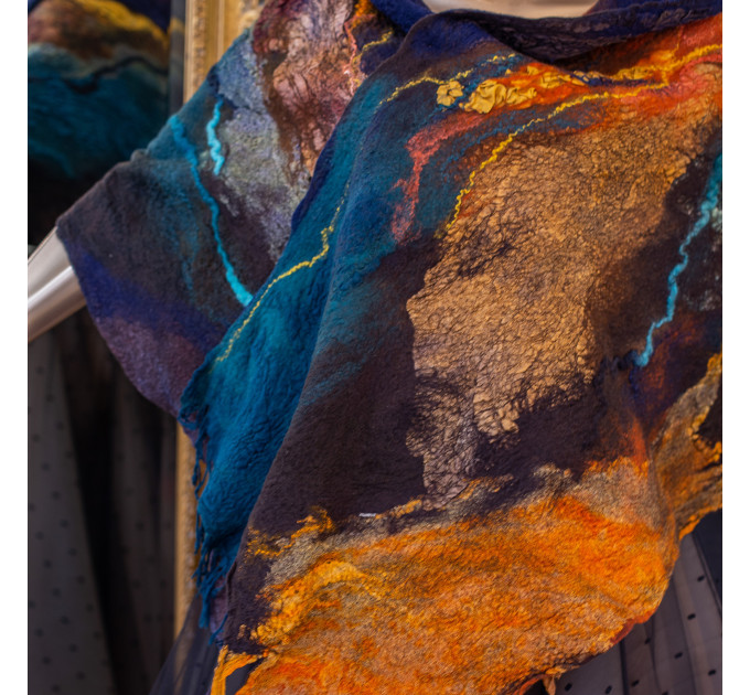 Deep Blue and Gold Nuno Felted Shawl