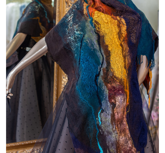 Deep Blue and Gold Nuno Felted Shawl