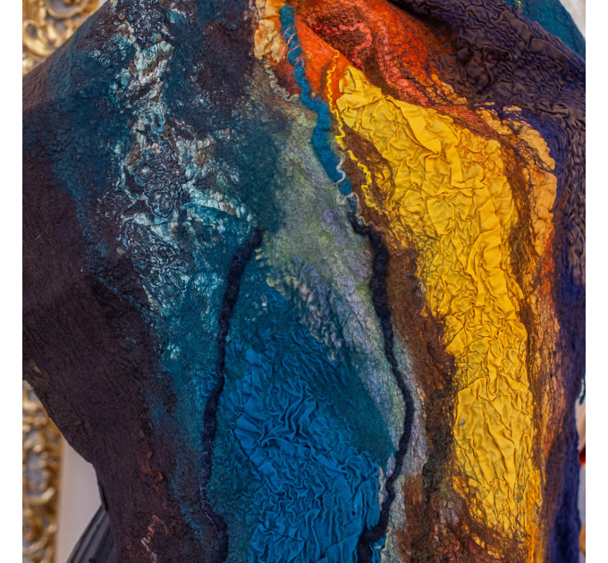 Deep Blue and Gold Nuno Felted Shawl