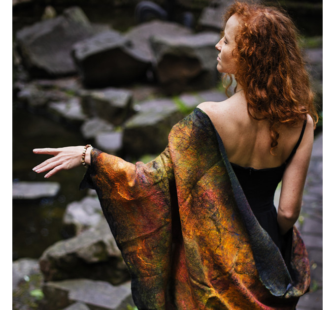 Rust on Black Nuno Felted Shawl