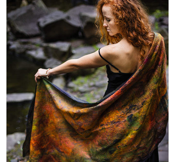 Rust on Black Nuno Felted Shawl